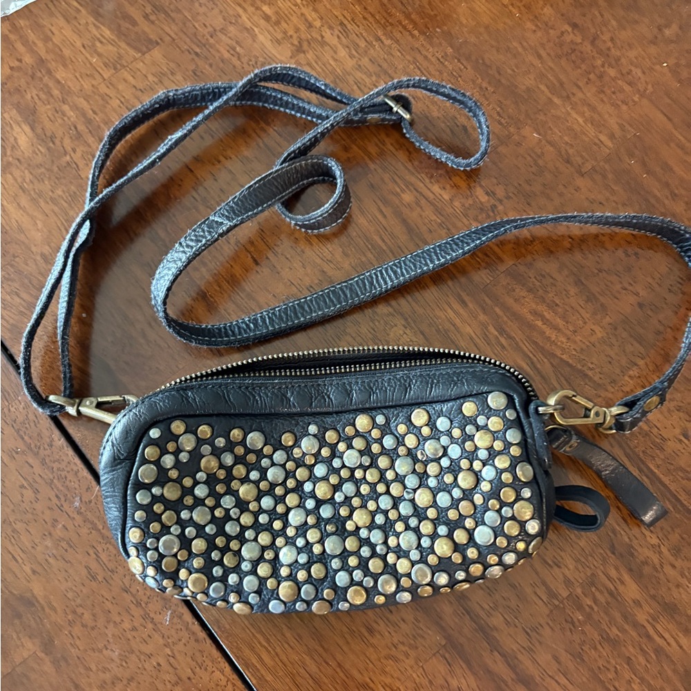 Free People Black and Gold Mini Bag with Crescent Design